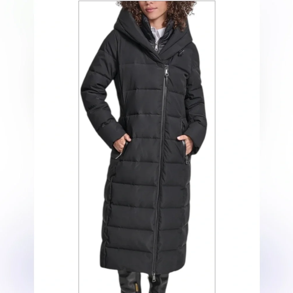 NWT DKNY BLACK BIBBED SHAWL COLLAR HOODED PUFFER SIZE LARGE - Picture 1 of 10
